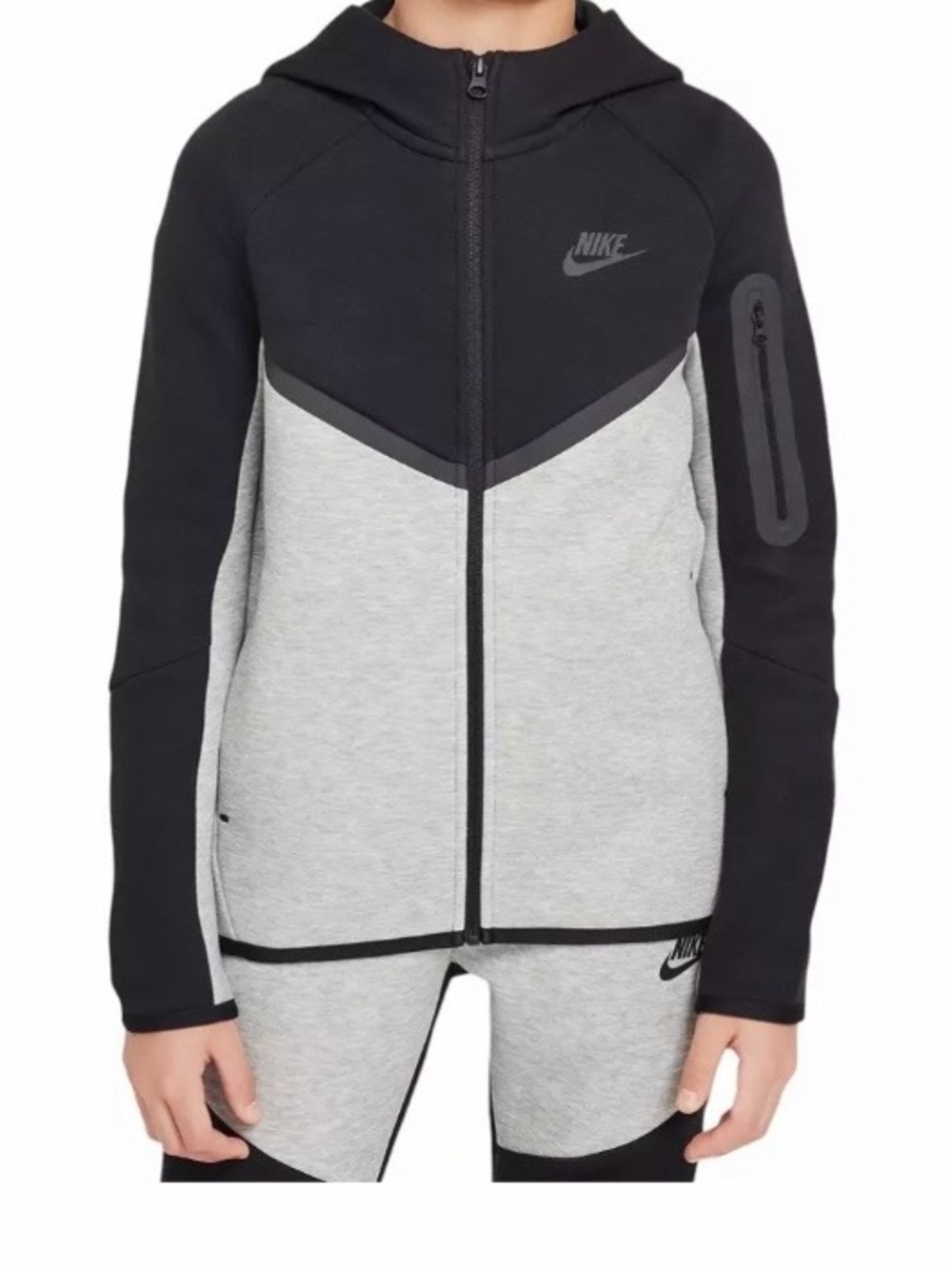 Nike Tech Fleece Kids Black & Light Gray Full Zip Hooded Jacket Sz Large